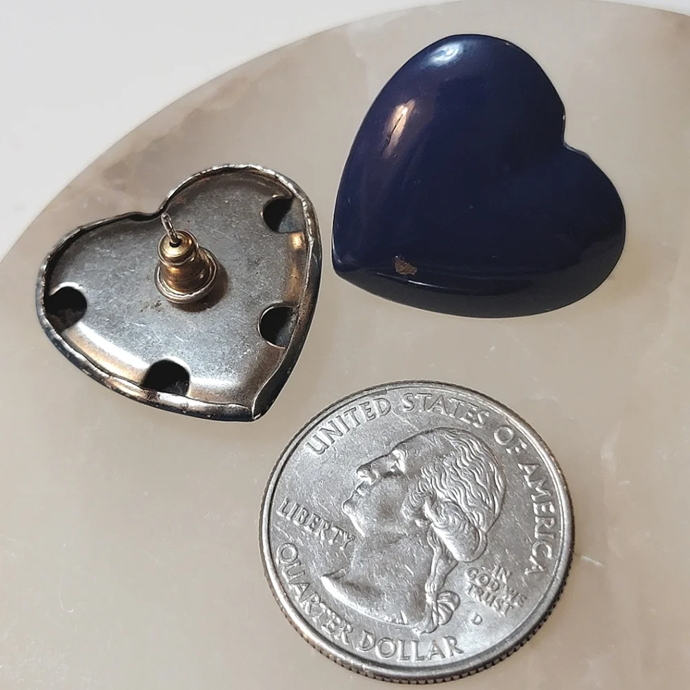Vintage Navy Puffed Heart Pierced Earrings Blue